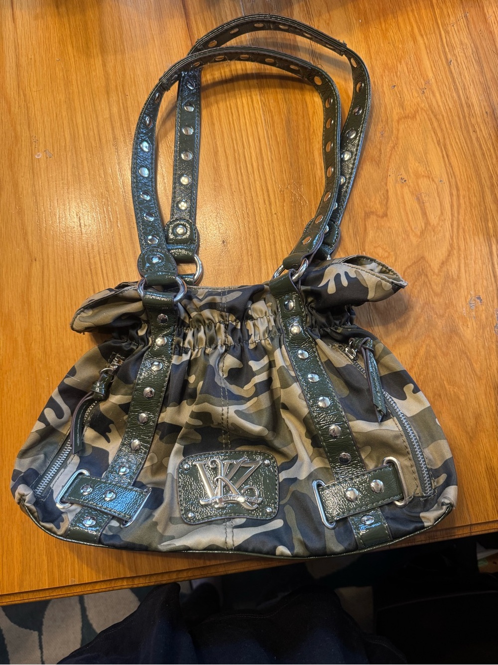 Kathy Van Zeeland Green Camo Studded Shoulder Bag